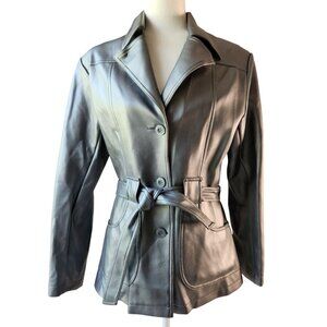 Vintage Y2K BB Dakota Faux Leather Jacket Silver Gray Belted Waist Womens Medium